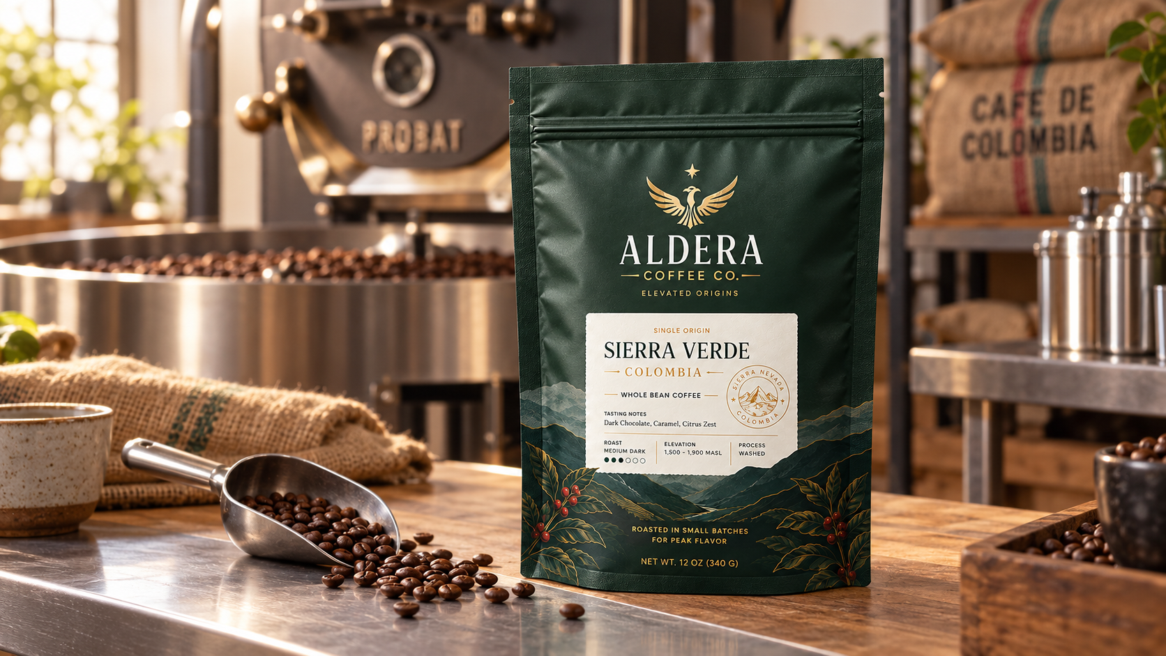 Fictional Aldera Coffee packaging concept in a roastery, with a whole-bean coffee pouch, roasted beans and a scoop.