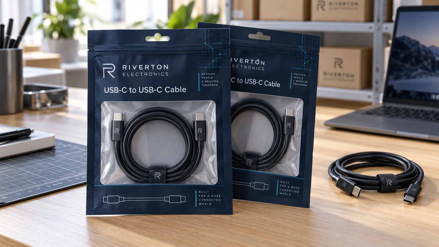 Fictional Riverton Electronics USB-C cable packaging concept with square-topped printed flat pouches, product windows and euro-slot hang holes.