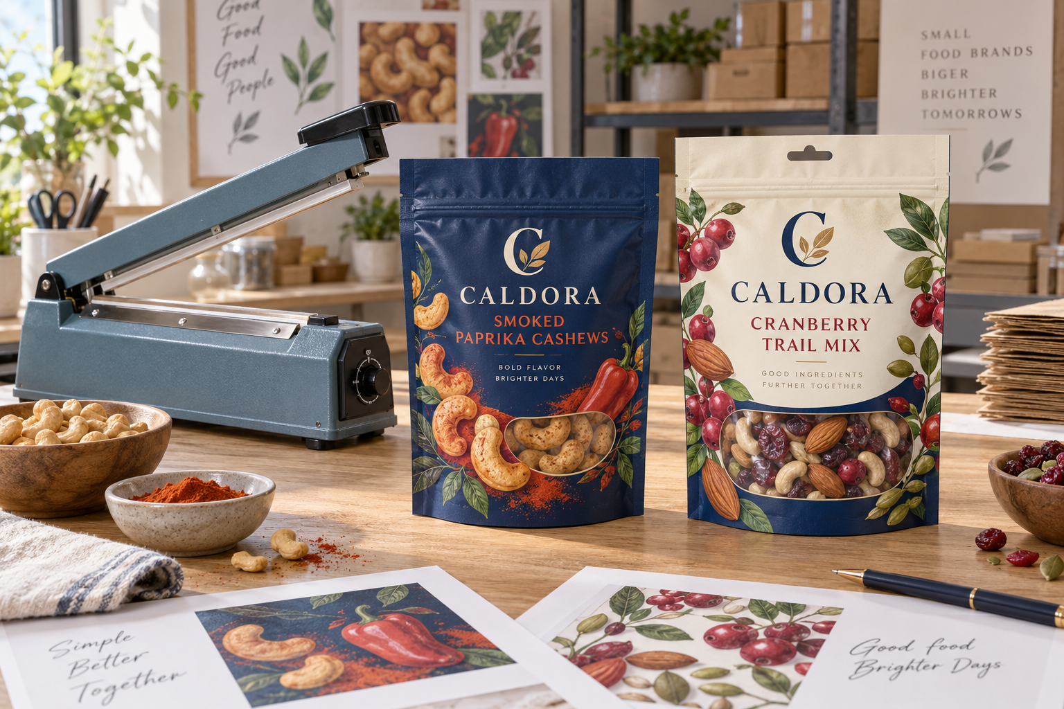 Fictional CALDORA cashew and trail-mix pouches with square top corners, premium printed artwork, product windows and a euro hole beside an illustrative tabletop impulse sealer.