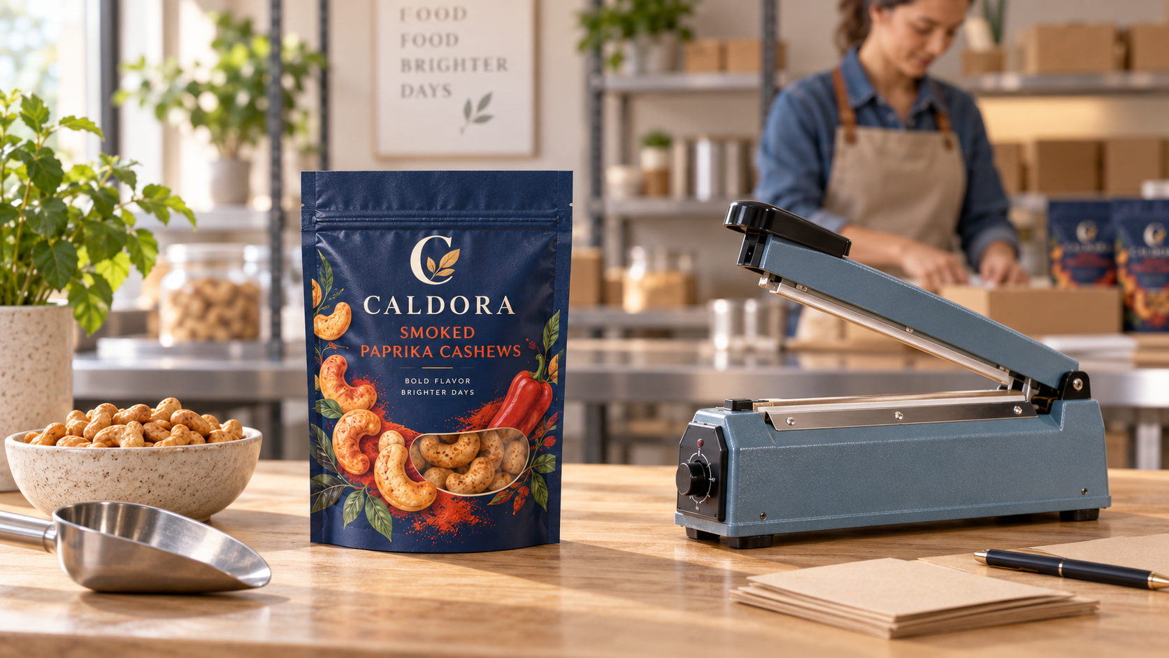 Illustrated snack-packing bench with a navy Caldora cashew pouch beside an open tabletop impulse sealer