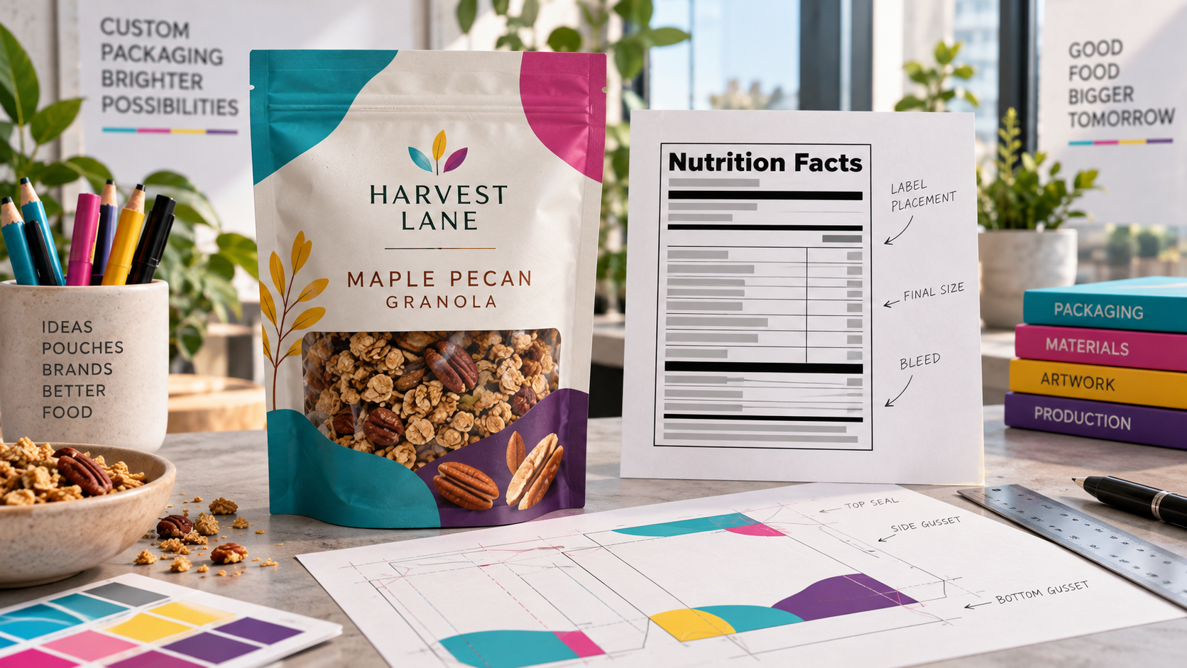 Shelf-ready maple pecan granola pouch beside a Nutrition Facts panel proof and packaging dieline in a design studio