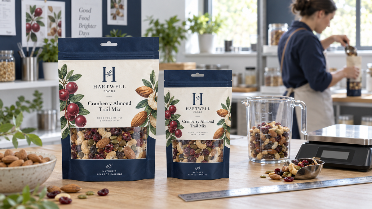 Illustrated Hartwell Foods trail mix pouches in two sizes beside a measuring jug, ruler and scale.