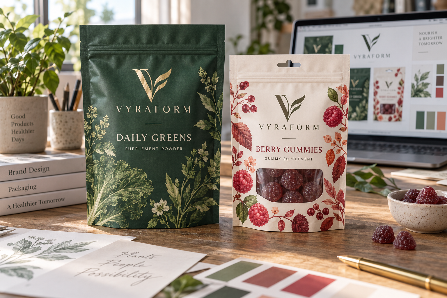 Fictional VYRAFORM Daily Greens and Berry Gummies supplement pouches with square top corners, botanical artwork, and a clear window and euro hole on the gummies pouch.