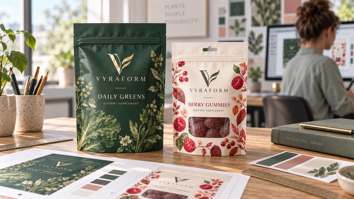 Illustrated VYRAFORM Daily Greens and Berry Gummies pouches on a packaging designer’s desk, with square top corners and botanical artwork.