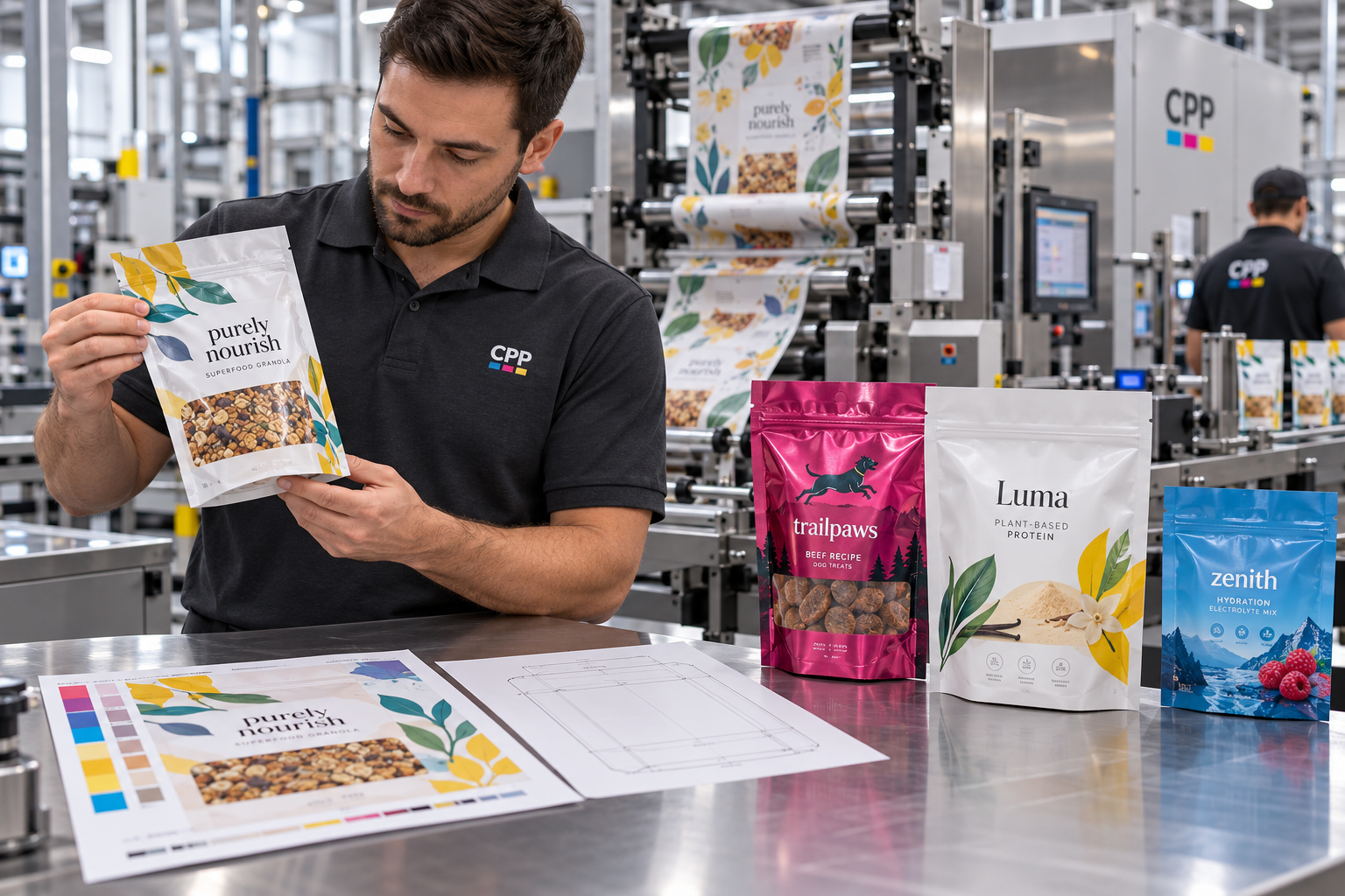 Packaging operator inspects a finished custom pouch beside digital printing and pouch-forming equipment
