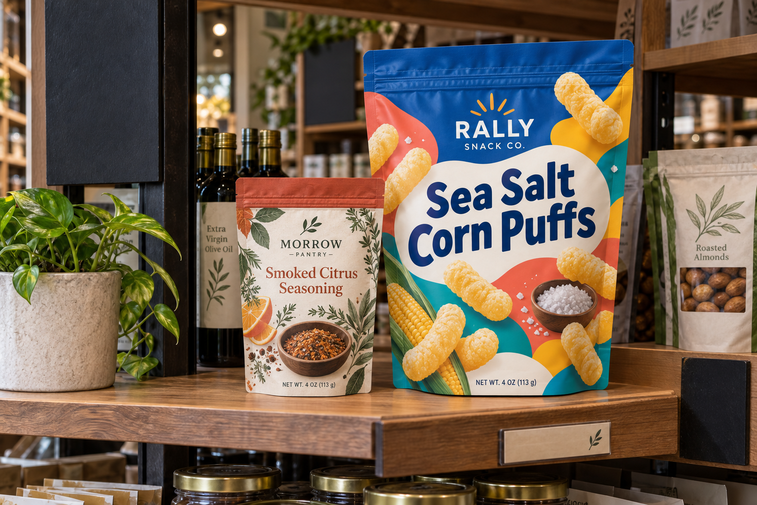 Two 4-ounce products in differently sized custom pouches, showing how product density affects pouch dimensions.