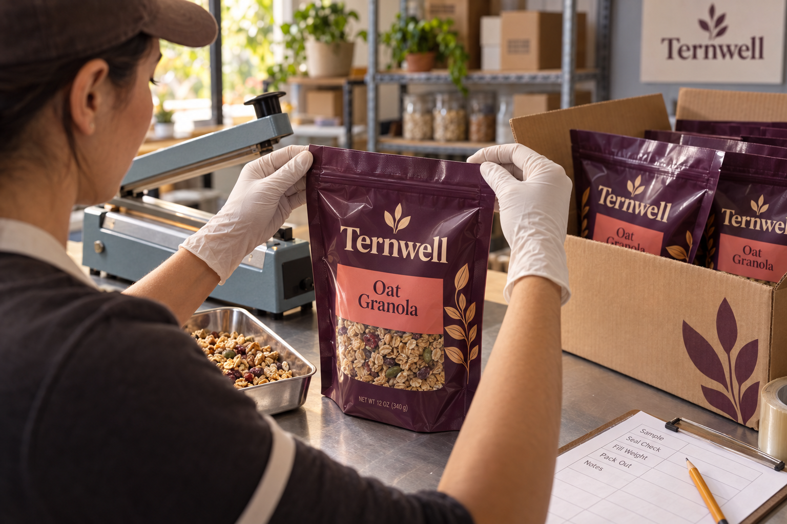 An inspector examines the top seal of a filled granola pouch beside the actual product, a bench sealer and a carton of matching pouches.
