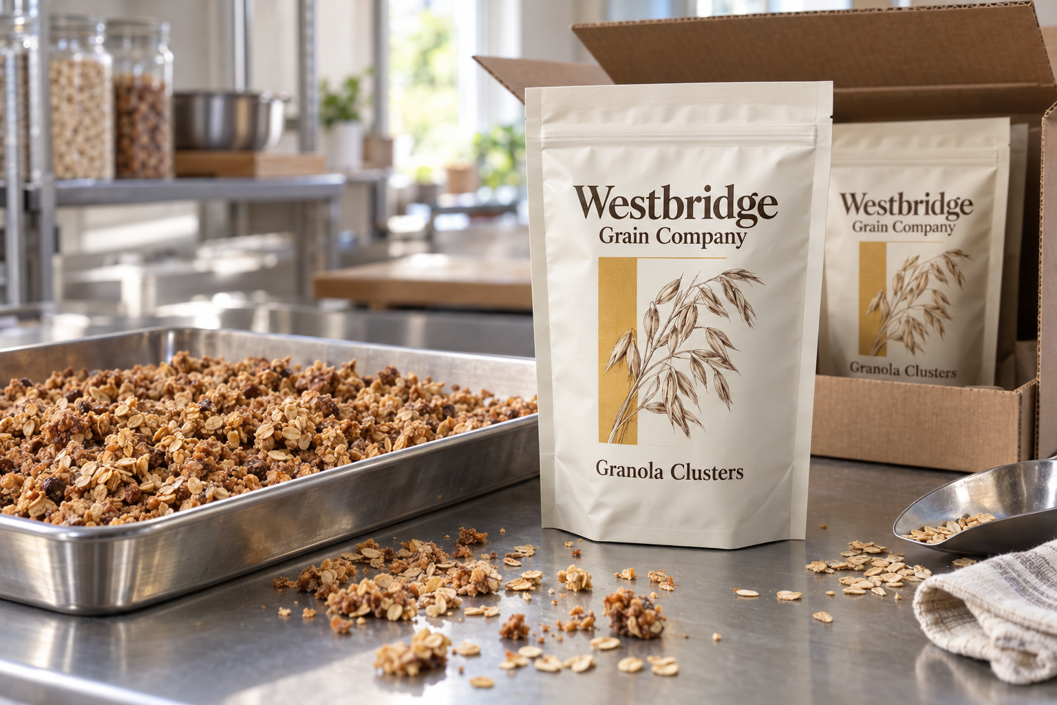 Granola clusters on a shallow tray beside a concept granola pouch and an open corrugated shipping box on a packing bench.