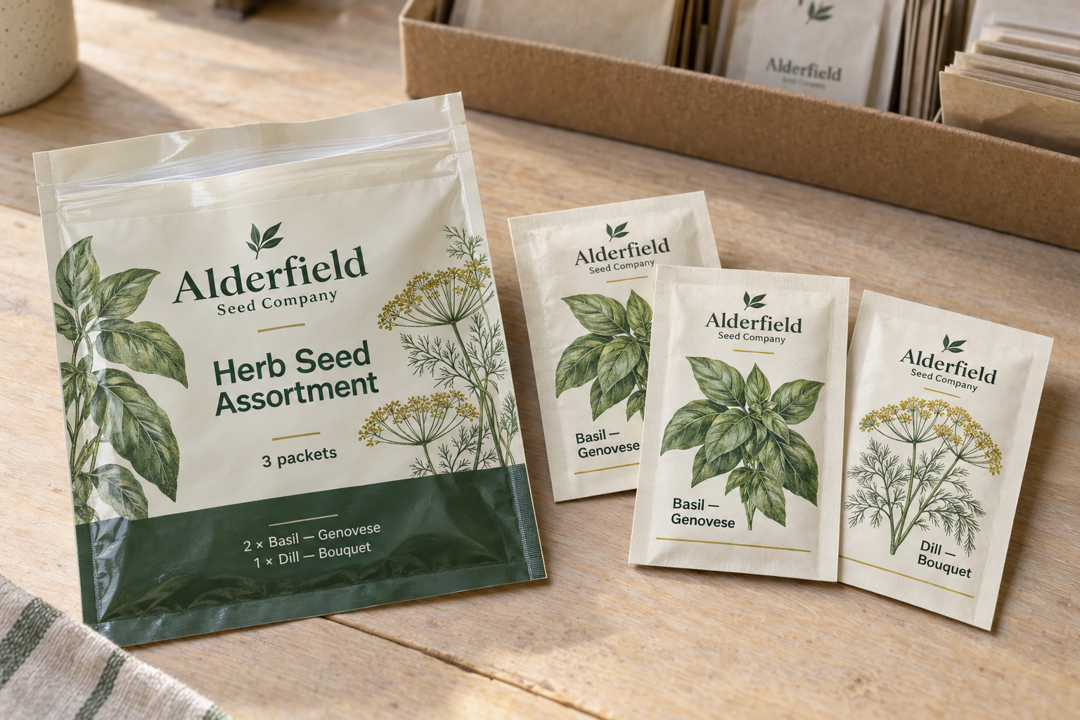 An empty herb seed assortment pouch beside two Basil ‘Genovese’ packets and one Dill ‘Bouquet’ packet on a seed-packing bench.