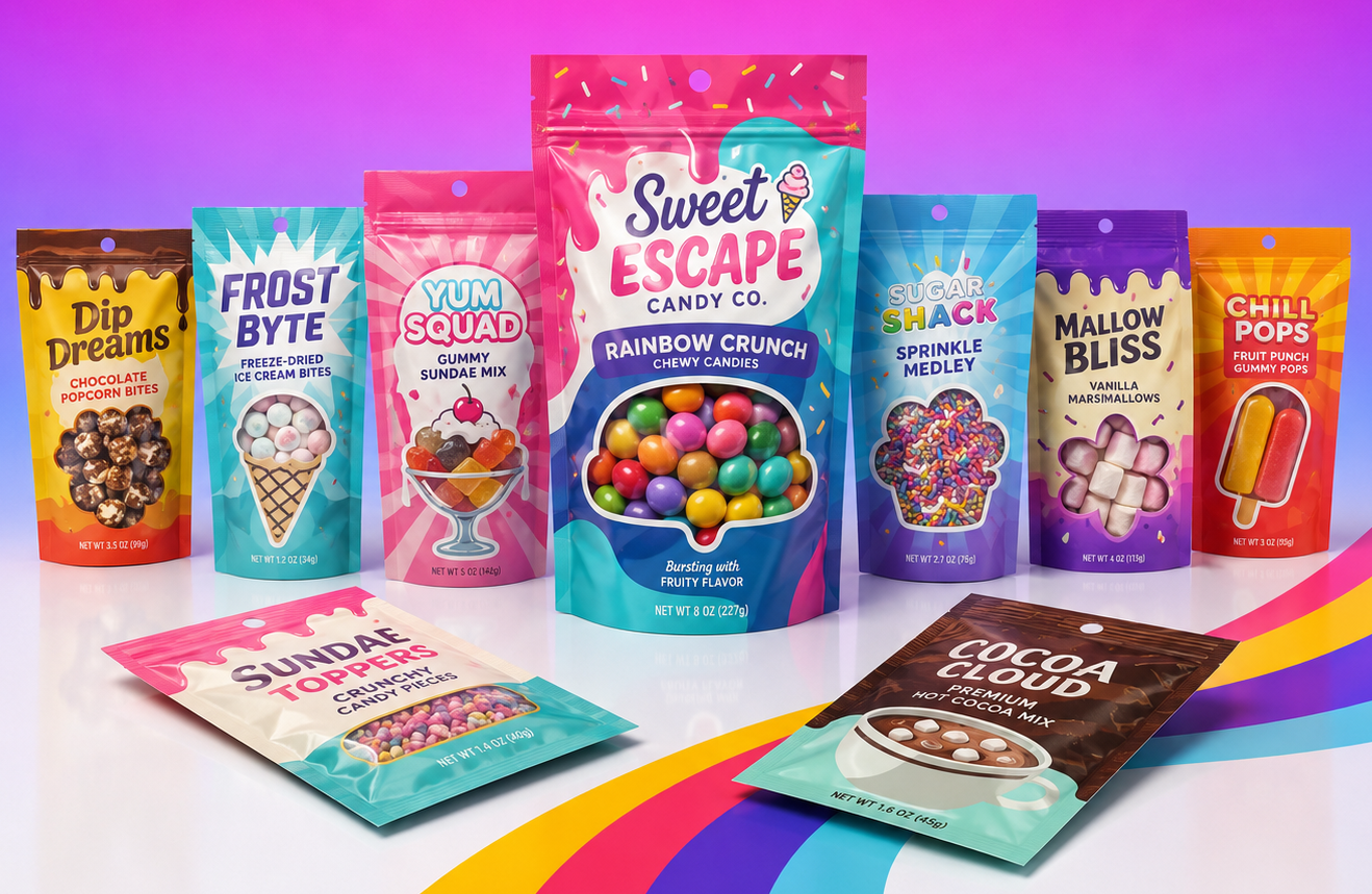 Assorted snack packages with colorful designs on a gradient background