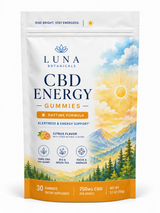 Luna Botanicals CBD energy gummies in a custom printed stand-up pouch with squared top corners and a bottom gusset