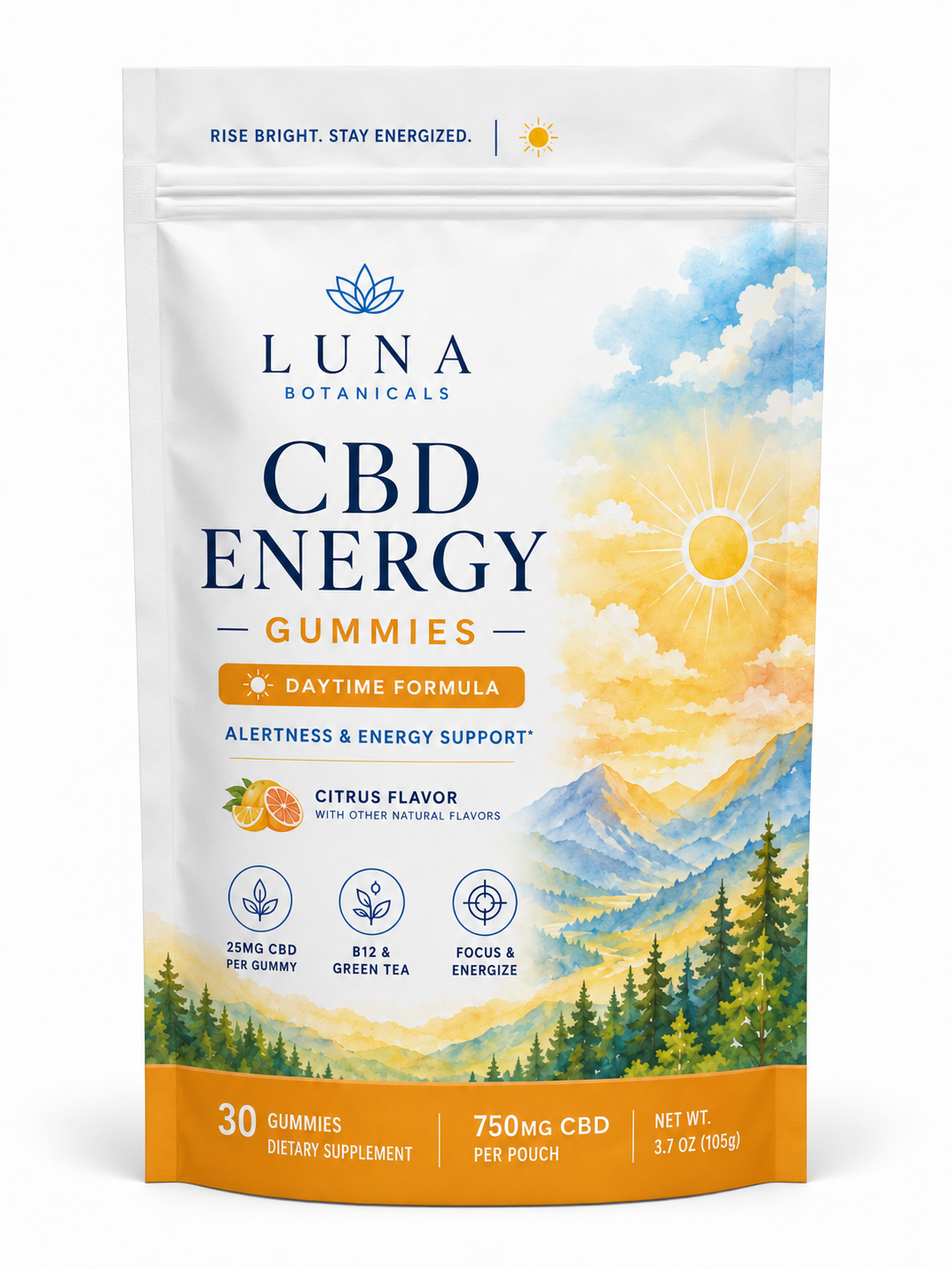 Luna Botanicals CBD energy gummies in a custom printed stand-up pouch with squared top corners and a bottom gusset