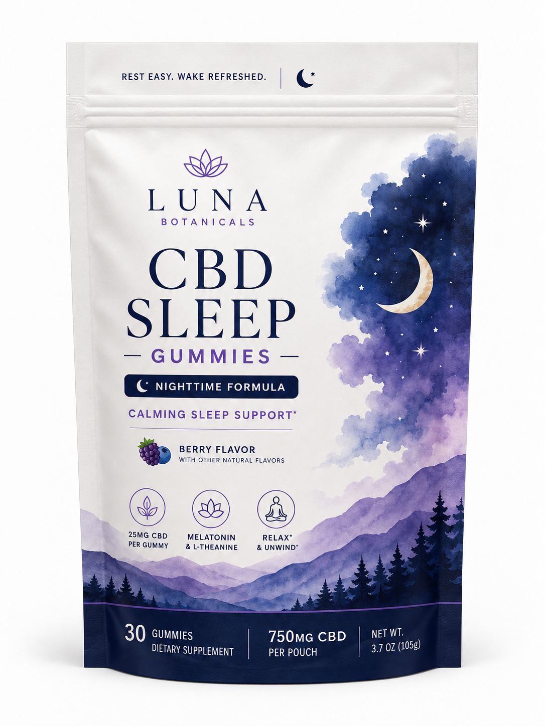 Luna Botanicals CBD sleep gummies in a custom printed stand-up pouch with squared top corners and a bottom gusset
