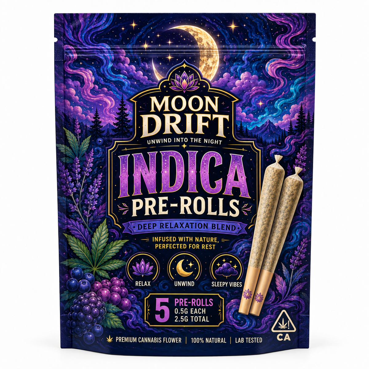 Moon Drift cannabis pre-rolls in a custom printed stand-up pouch with squared top corners and a bottom gusset