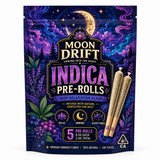 Moon Drift cannabis pre-rolls in a custom printed stand-up pouch with squared top corners and a bottom gusset