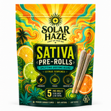 Solar Haze cannabis pre-rolls in a custom printed stand-up pouch with squared top corners and a bottom gusset