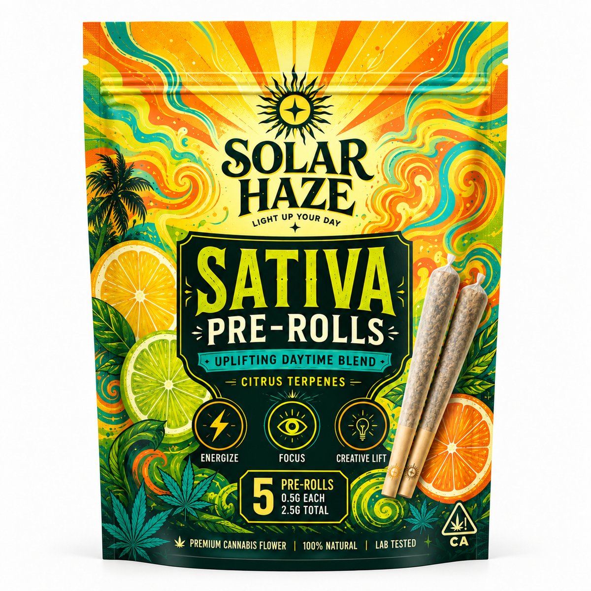 Solar Haze cannabis pre-rolls in a custom printed stand-up pouch with squared top corners and a bottom gusset