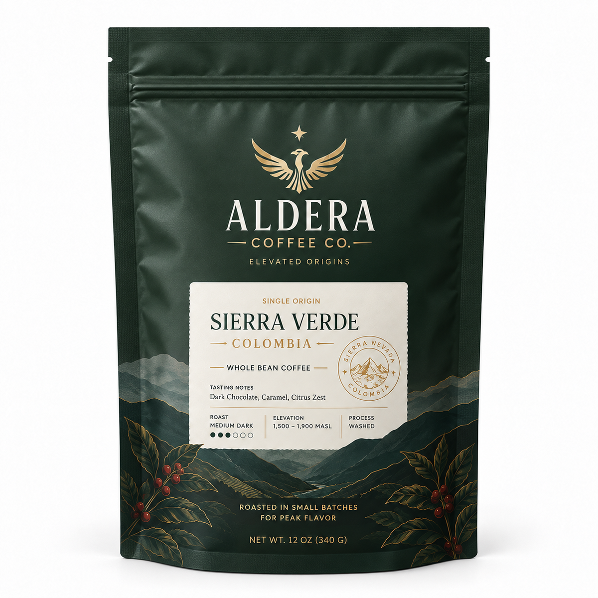 Aldera whole bean coffee in a custom printed stand-up pouch with squared top corners and a wide bottom gusset