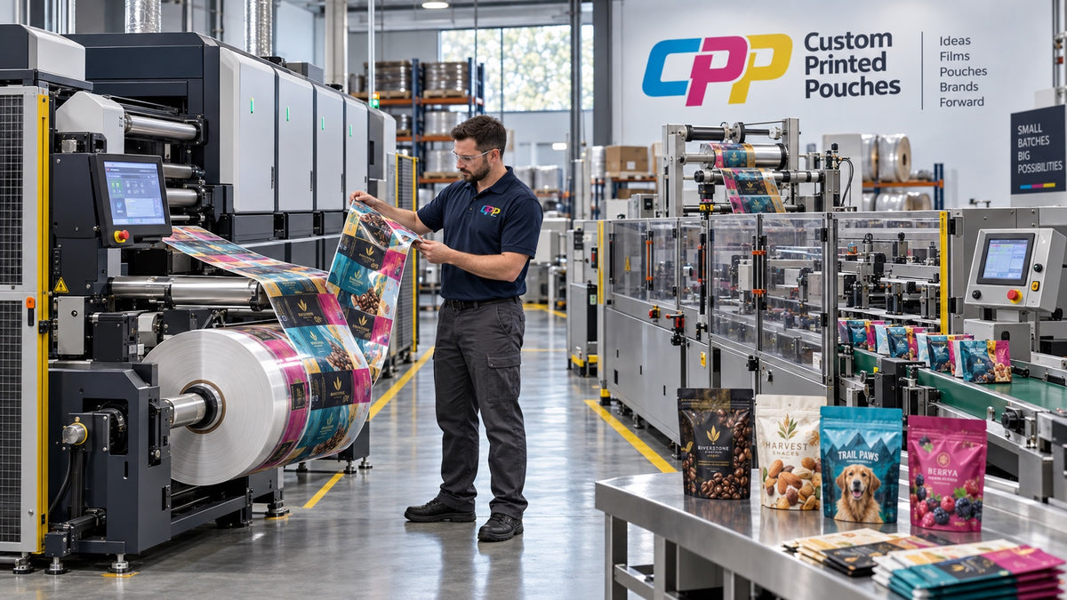 Operator running digital pouch printing and forming equipment