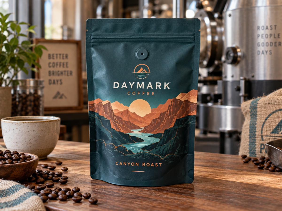 Custom coffee stand-up pouch with a bottom gusset in a roastery setting