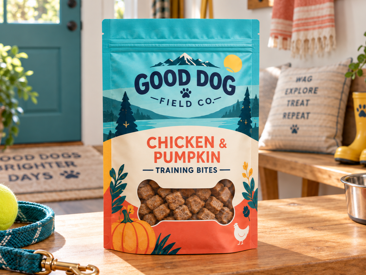 Custom pet treat stand-up pouch with a bottom gusset in a home setting