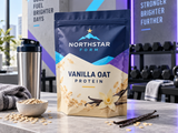 Custom supplement stand-up pouch for vanilla oat protein in a gym setting