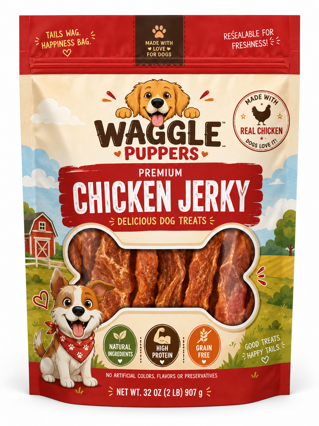 Waggle Puppers chicken jerky dog treats in a custom printed pet food stand-up pouch with squared top corners and a bottom gusset
