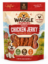 Waggle Puppers chicken jerky dog treats in a custom printed pet food stand-up pouch with squared top corners and a bottom gusset