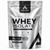 Apexora whey protein in a custom printed supplement stand-up pouch with squared top corners and a bottom gusset