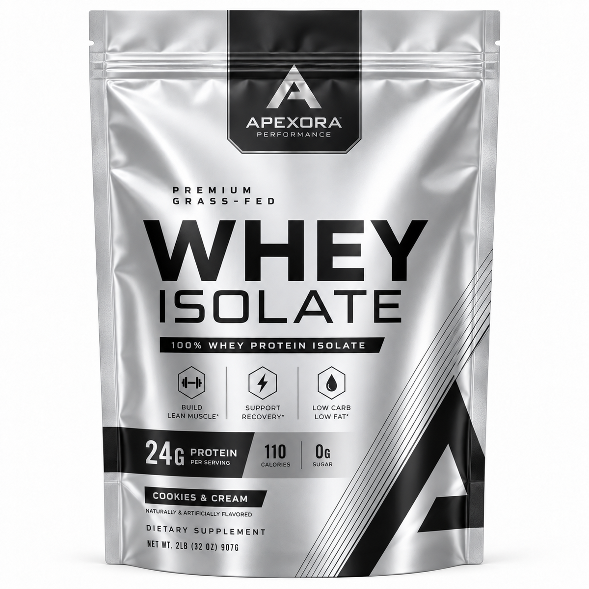 Apexora whey protein in a custom printed supplement stand-up pouch with squared top corners and a bottom gusset