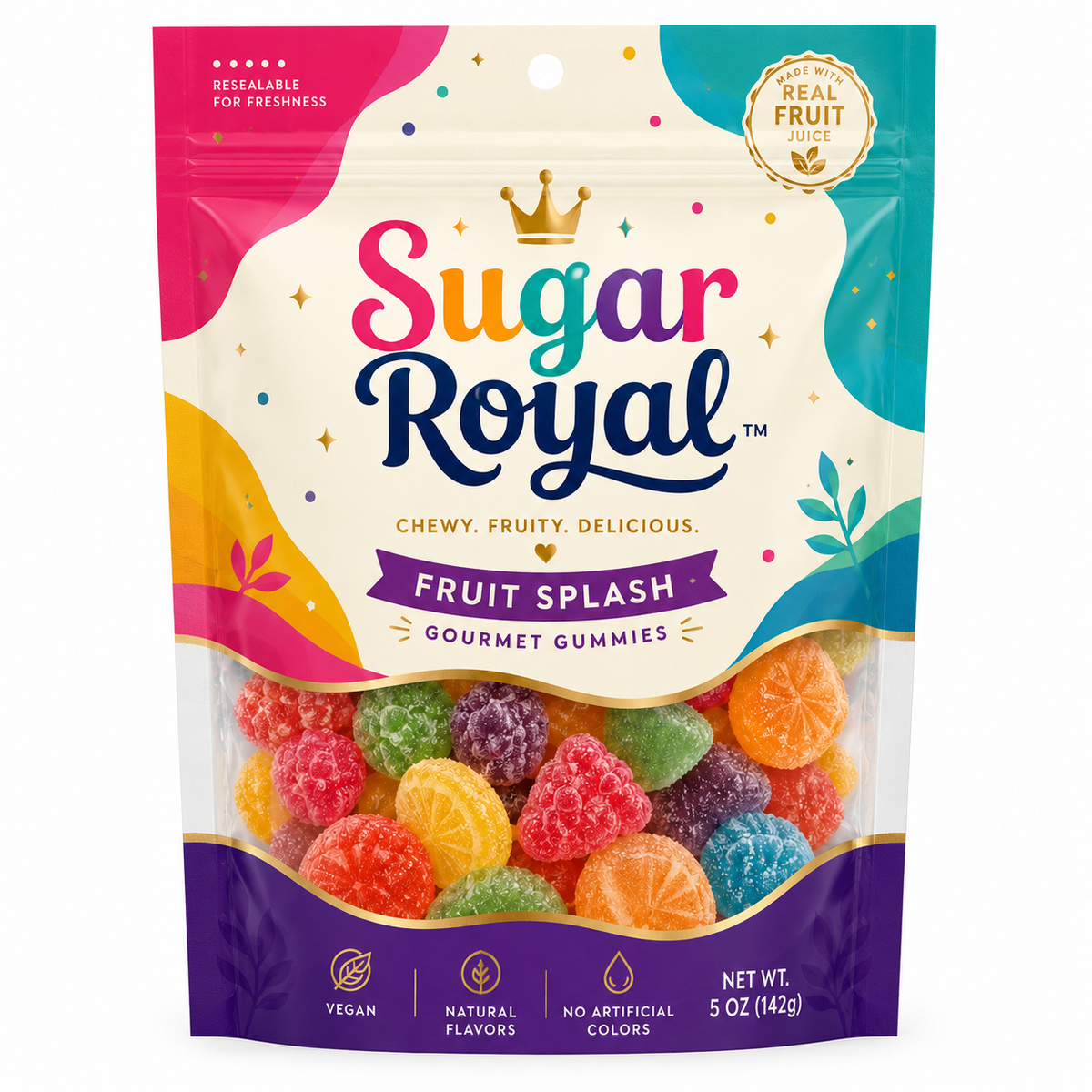 Colorful custom candy pouch with playful fruit-themed branding