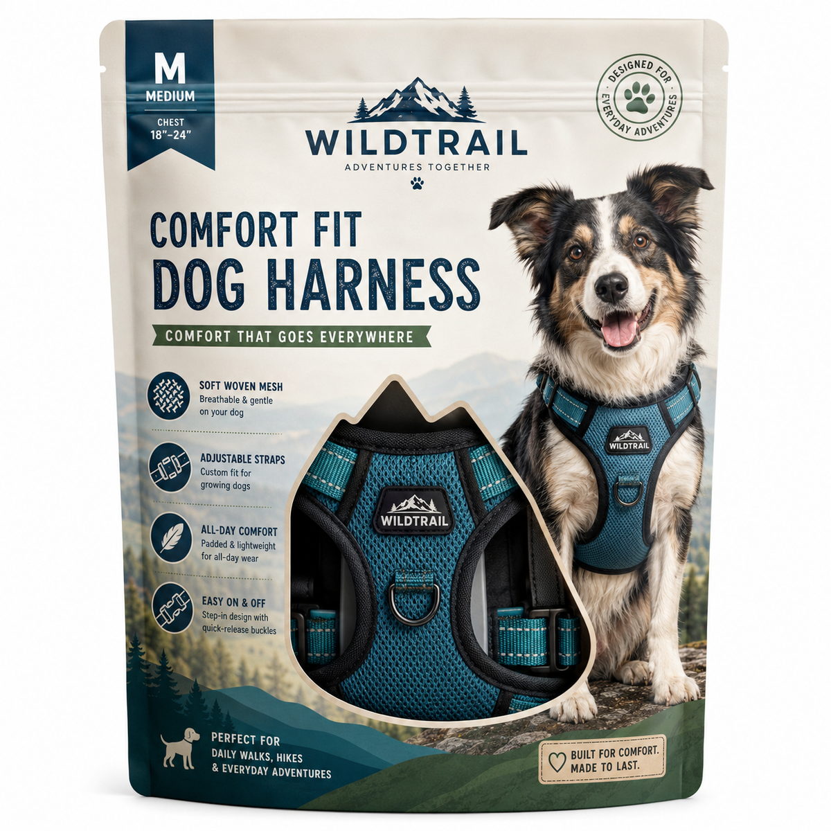 Custom flat pouch for a dog harness with outdoor-themed branding