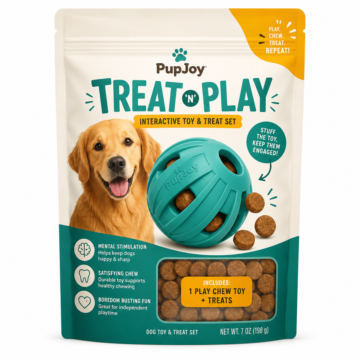 Custom pet product pouch for a dog toy with playful illustrated branding