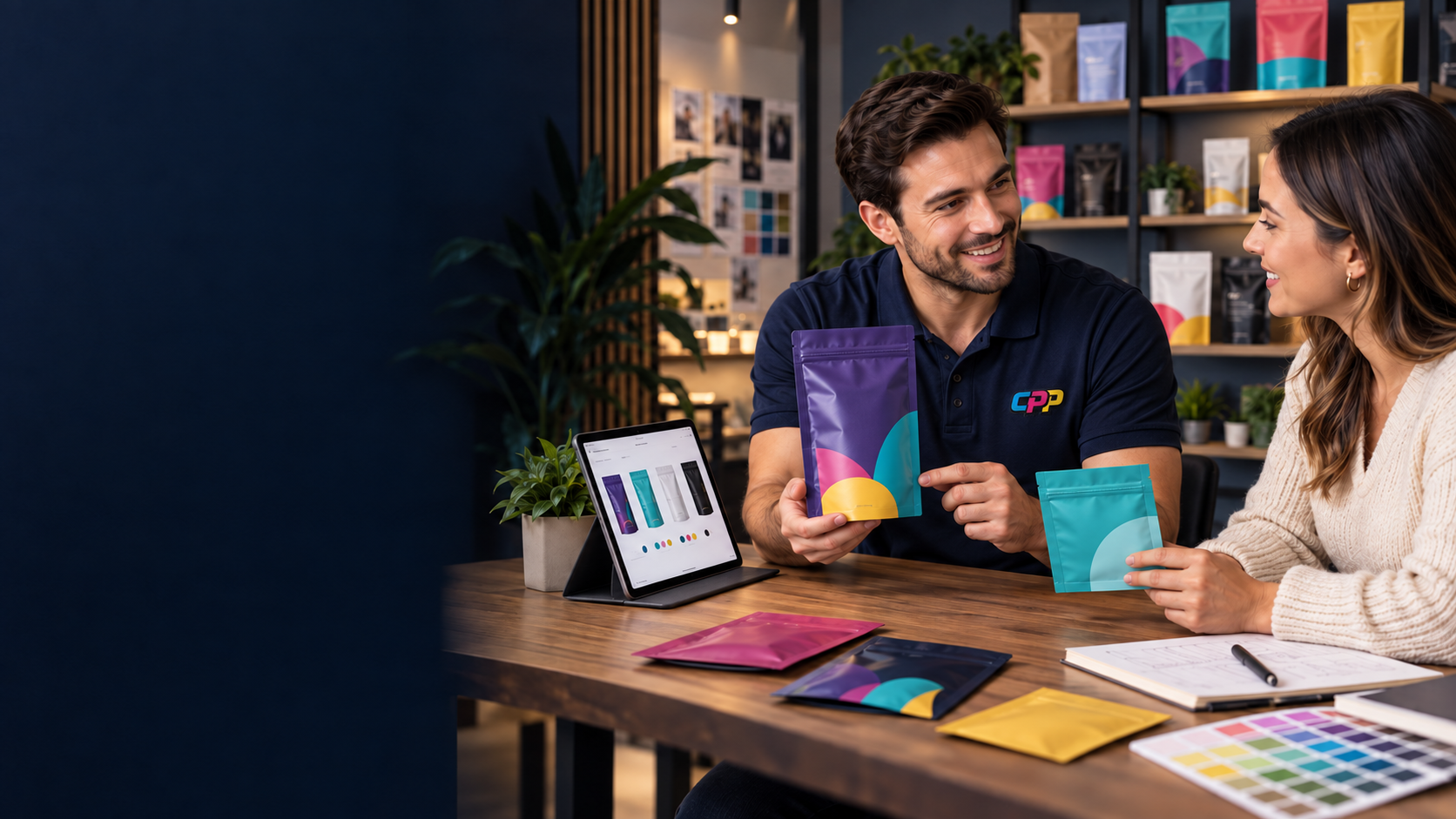 Two people discussing custom printed pouch options.